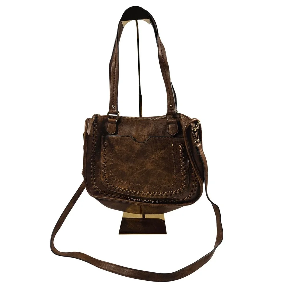 Brown Vegan Leather Whipstitch Boho Satchel Crossbody Bag with Geometric Lining
